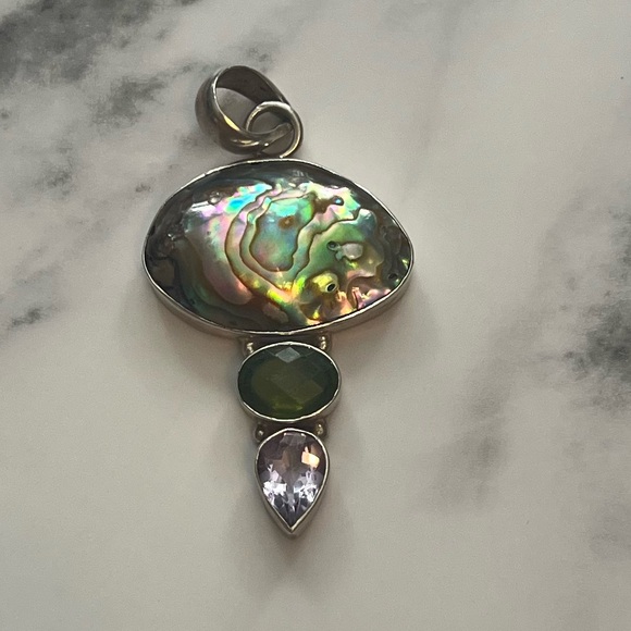 Jewelry - Elegant Silver Pendant with Abalone, Peridot, and Amethyst Gemstones